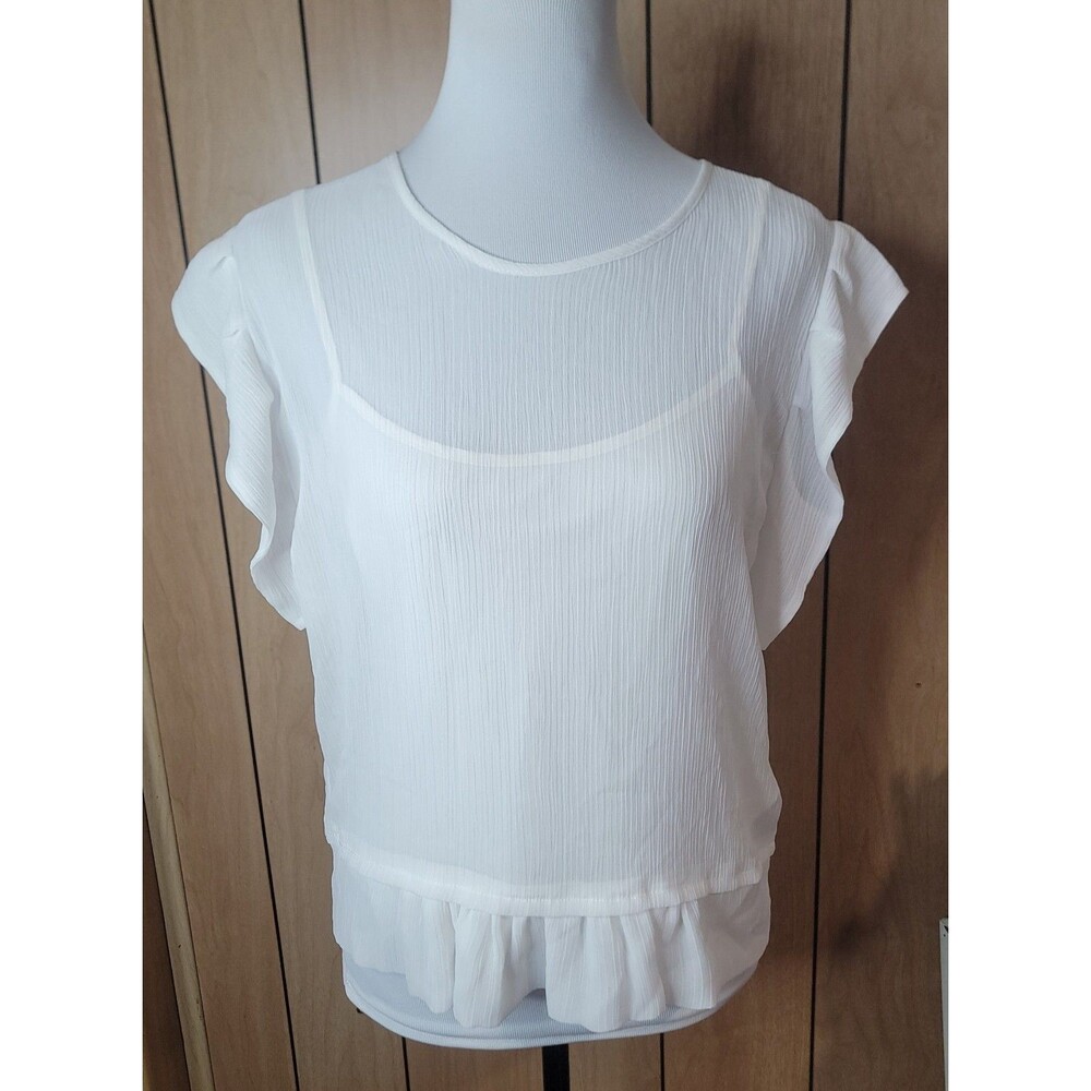 DKNY XS White Sheer Layered Ruffle Hem Flutter Sleeve Blouse Top Lined